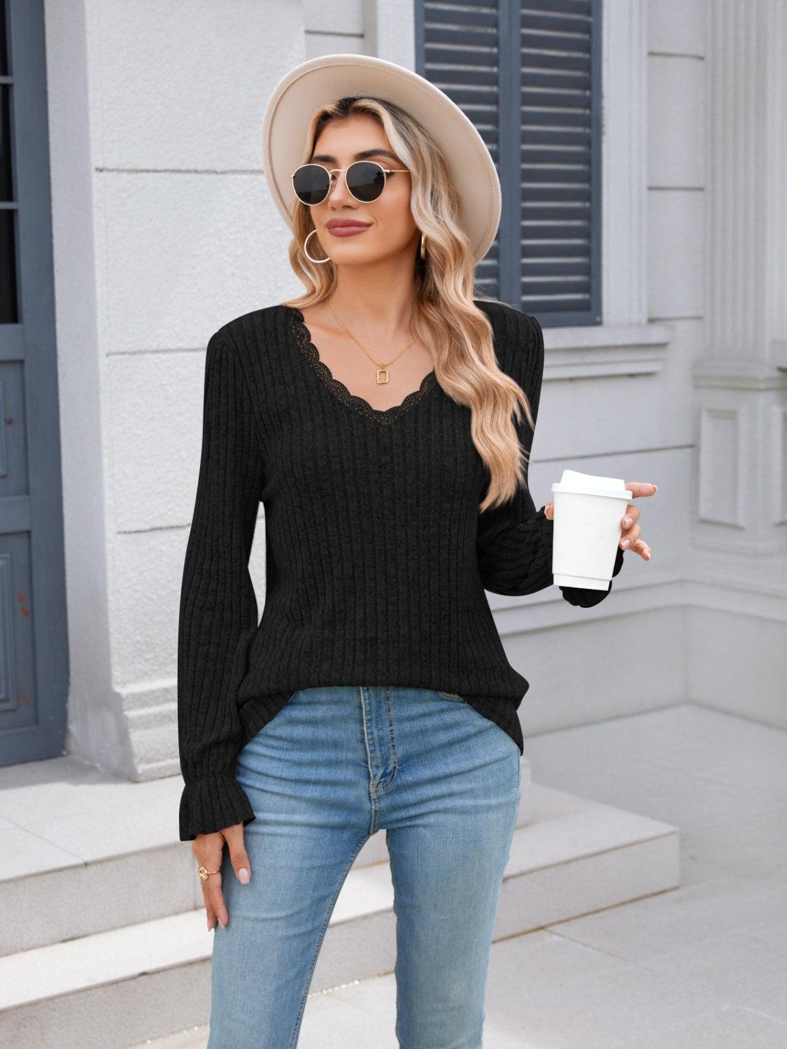 Lace Detail V-Neck Long Sleeve T-Shirt - Bona Fide Fashion