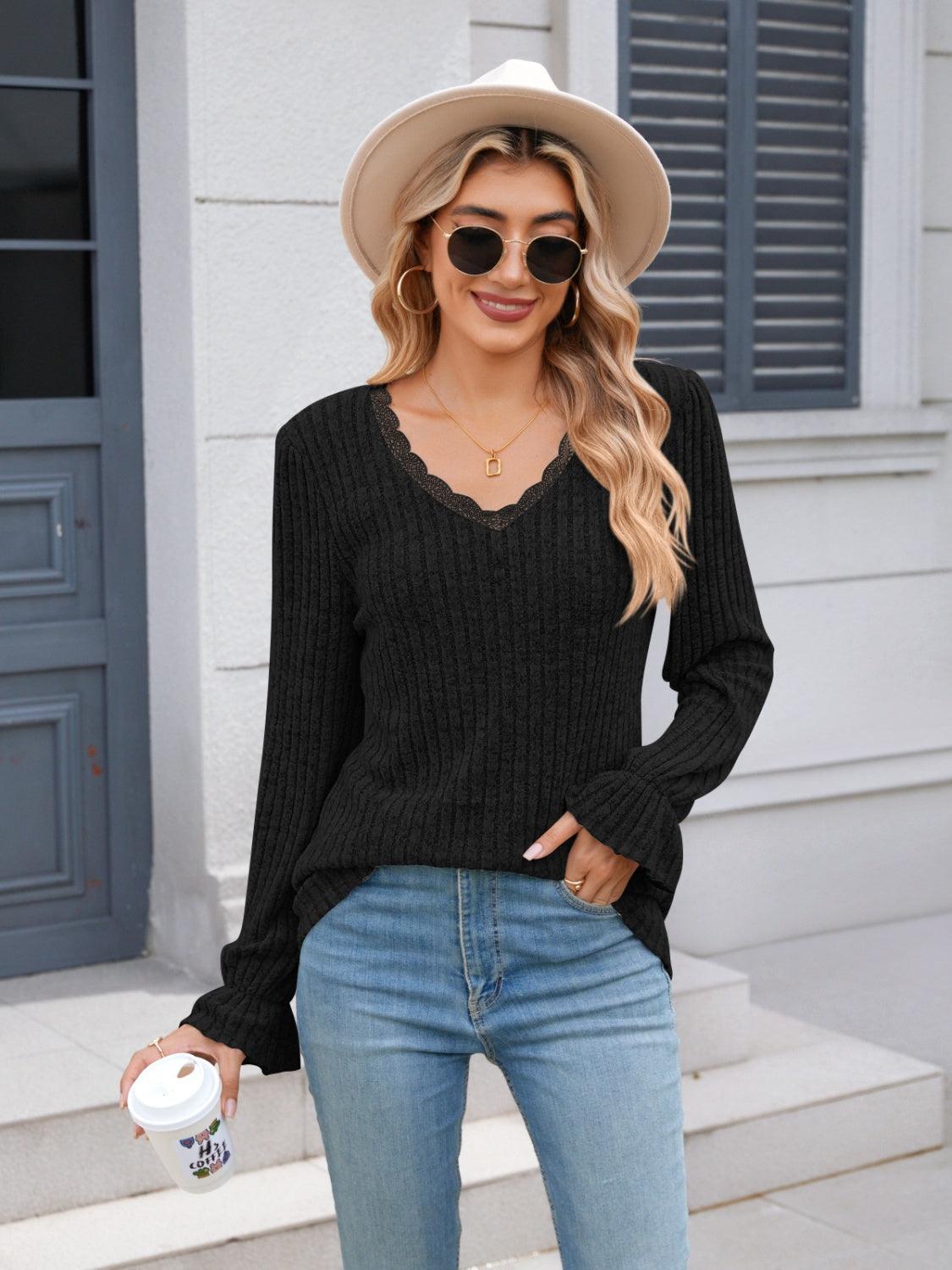 Lace Detail V-Neck Long Sleeve T-Shirt - Bona Fide Fashion