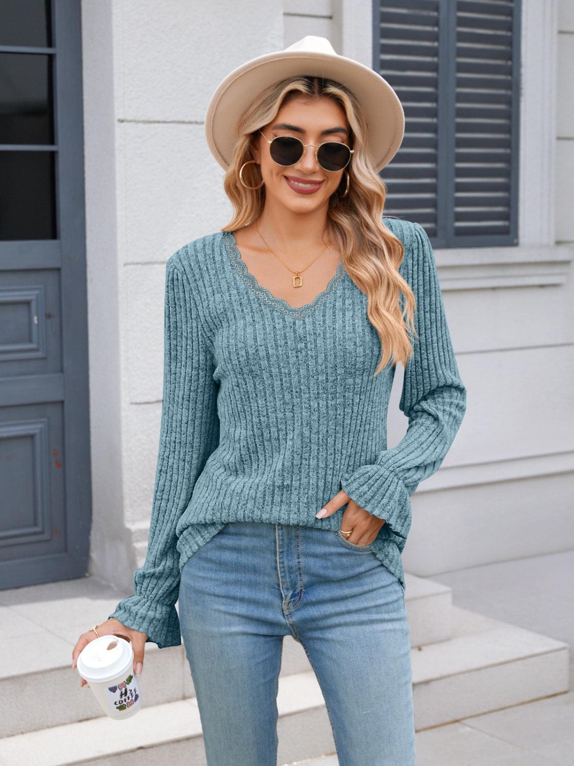 Lace Detail V-Neck Long Sleeve T-Shirt - Bona Fide Fashion