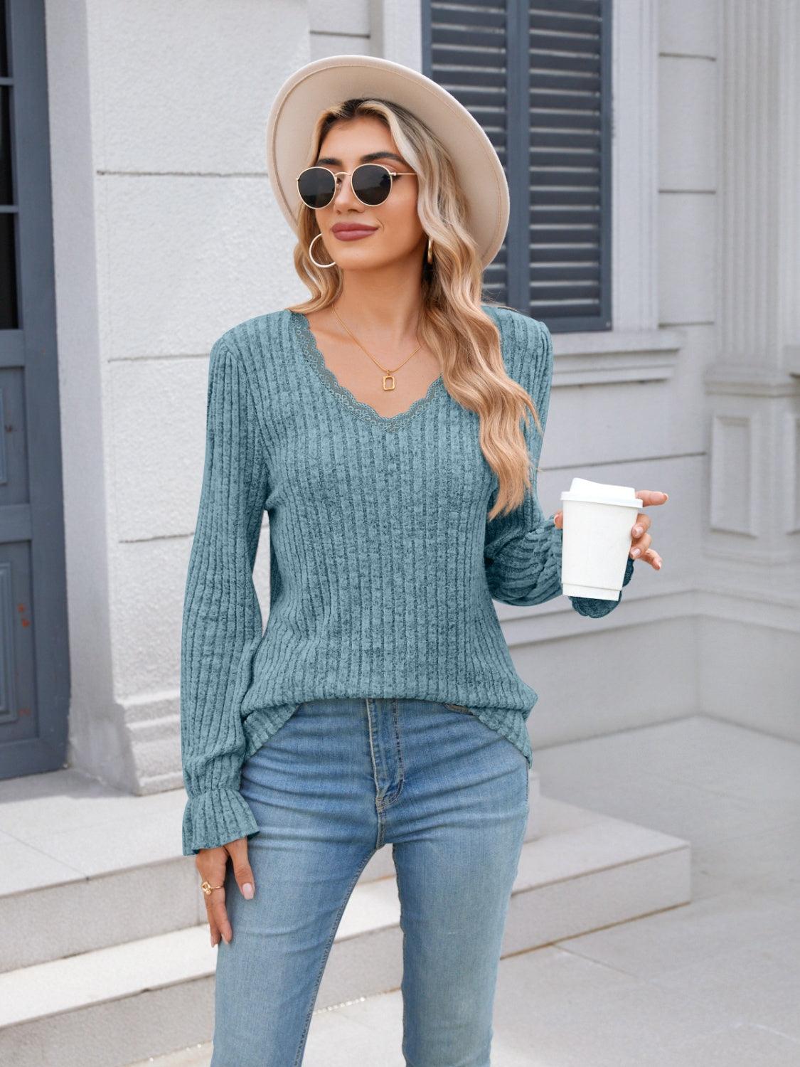 Lace Detail V-Neck Long Sleeve T-Shirt - Bona Fide Fashion