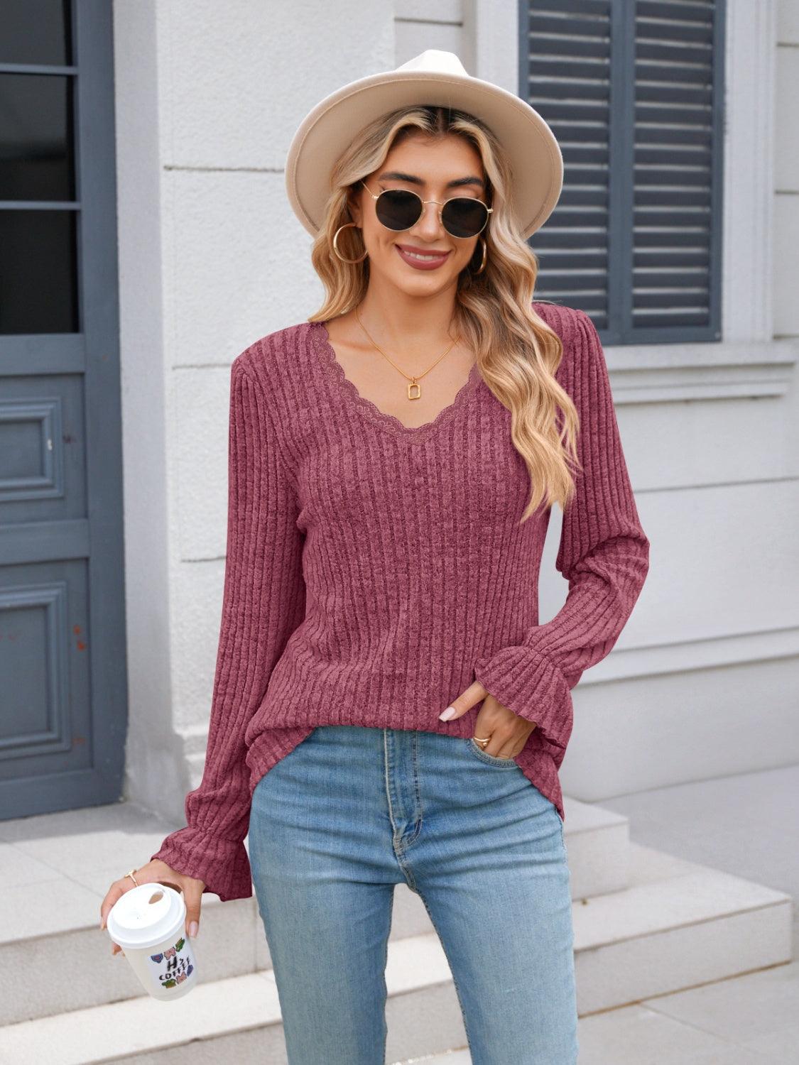 Lace Detail V-Neck Long Sleeve T-Shirt - Bona Fide Fashion