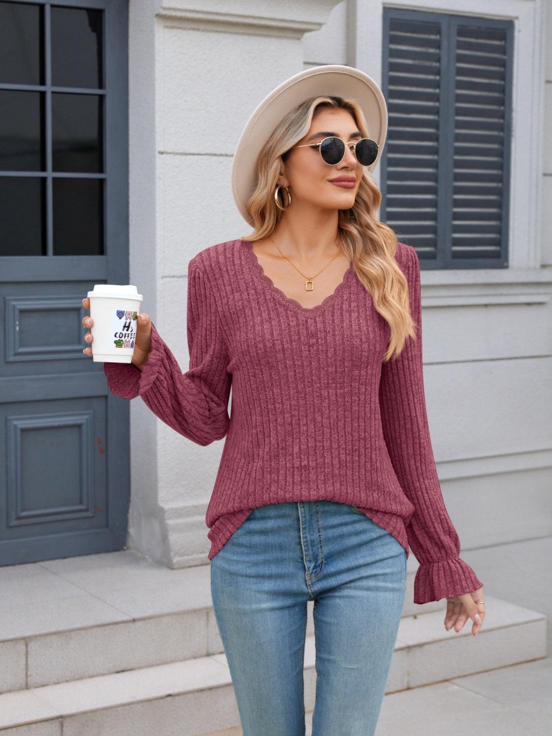 Lace Detail V-Neck Long Sleeve T-Shirt - Bona Fide Fashion