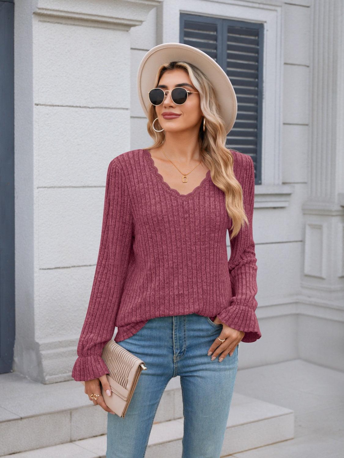 Lace Detail V-Neck Long Sleeve T-Shirt - Bona Fide Fashion