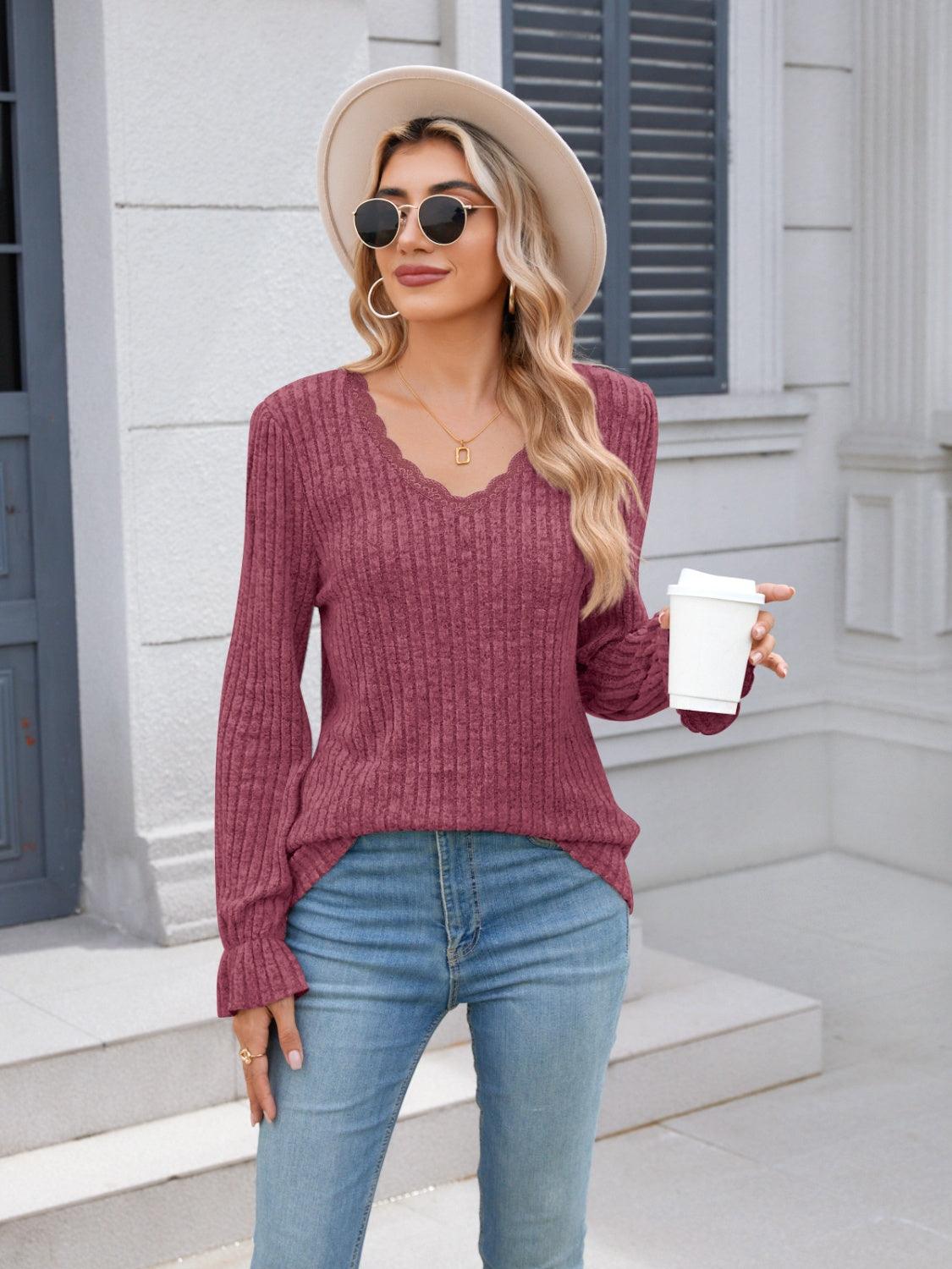 Lace Detail V-Neck Long Sleeve T-Shirt - Bona Fide Fashion