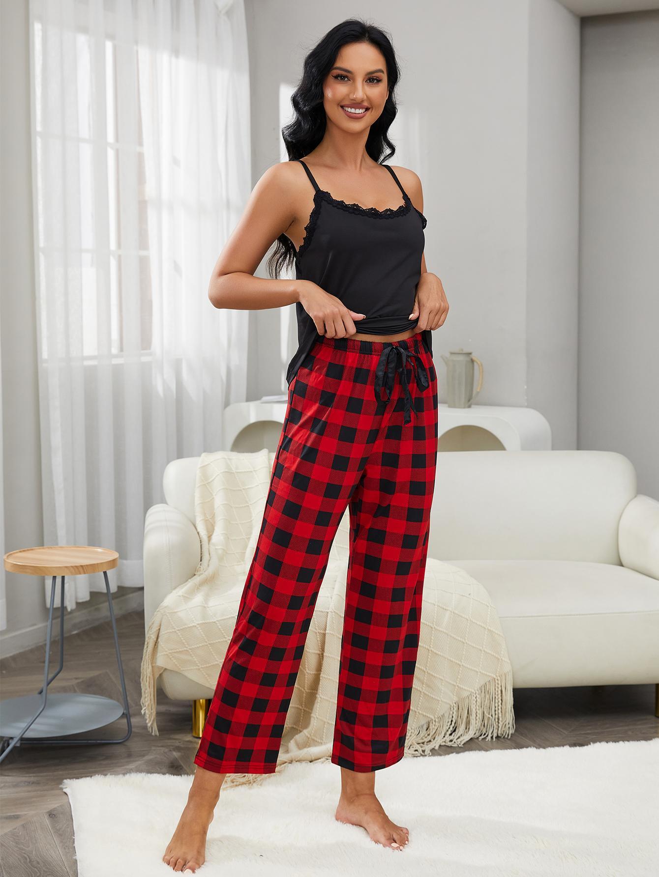 Lace Trim Cami and Plaid Pants Lounge Set - Bona Fide Fashion