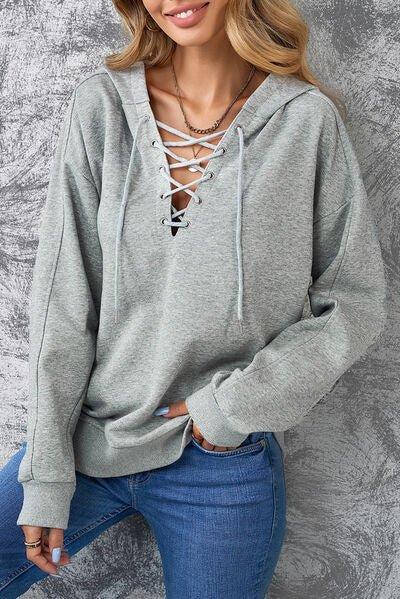 Lace-Up Dropped Shoulder Hoodie - Bona Fide Fashion