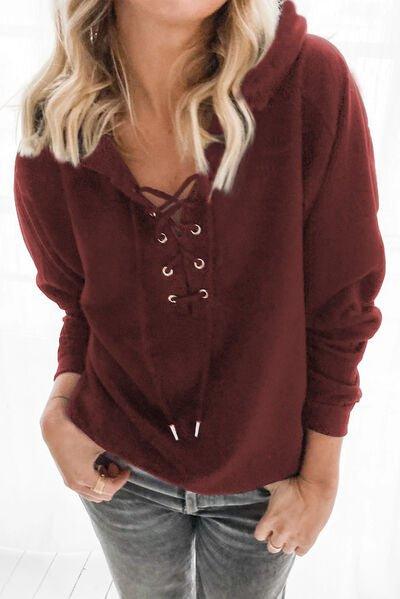 Lace-Up Dropped Shoulder Hoodie - Bona Fide Fashion