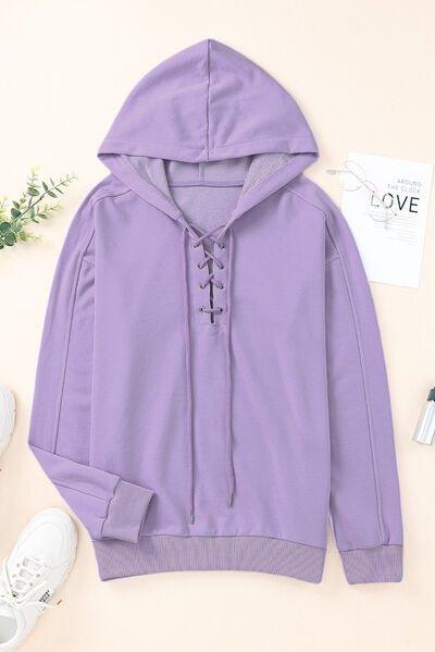 Lace-Up Dropped Shoulder Hoodie - Bona Fide Fashion