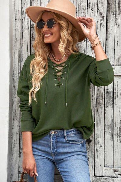 Lace-Up Dropped Shoulder Hoodie - Bona Fide Fashion