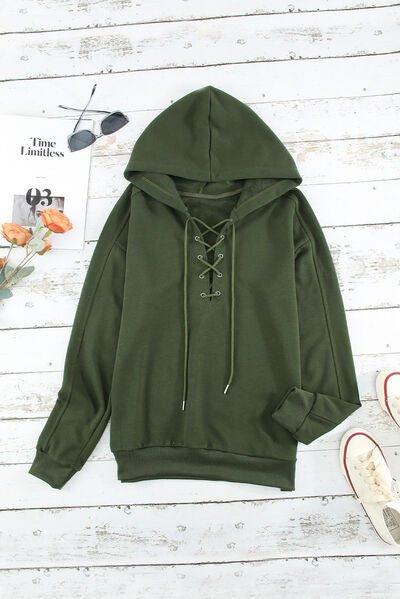 Lace-Up Dropped Shoulder Hoodie - Bona Fide Fashion