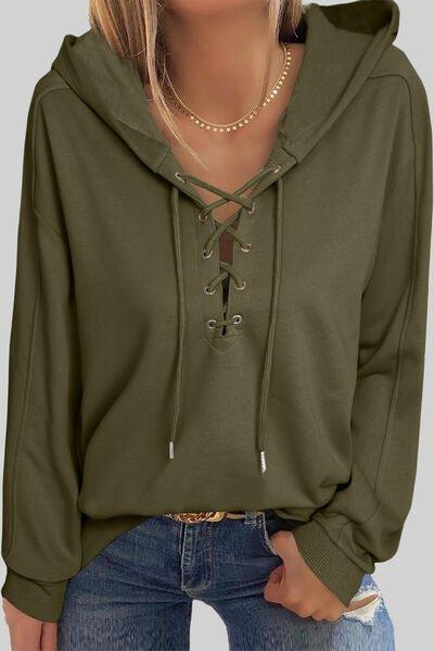 Lace-Up Dropped Shoulder Hoodie - Bona Fide Fashion