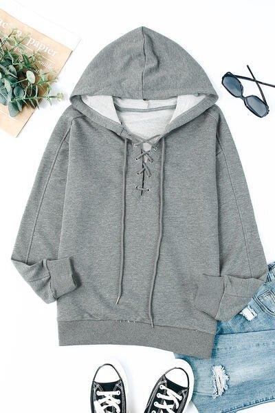 Lace-Up Dropped Shoulder Hoodie - Bona Fide Fashion