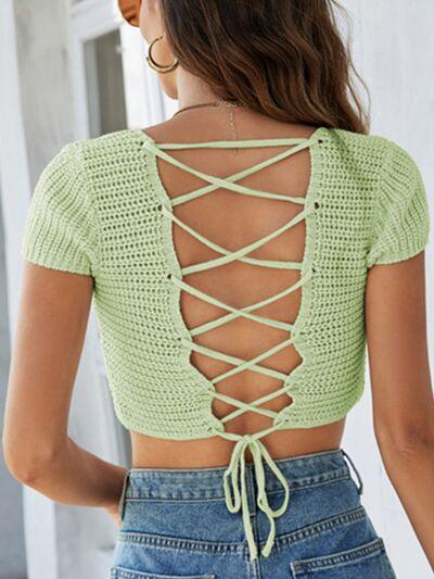 Lace-Up Openwork Square Neck Sweater - Bona Fide Fashion