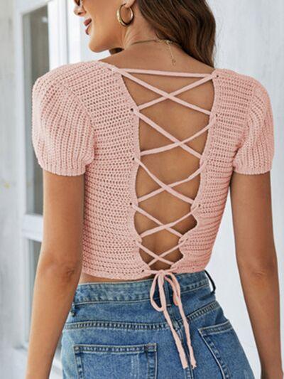 Lace-Up Openwork Square Neck Sweater - Bona Fide Fashion