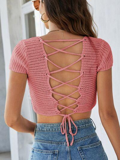 Lace-Up Openwork Square Neck Sweater - Bona Fide Fashion