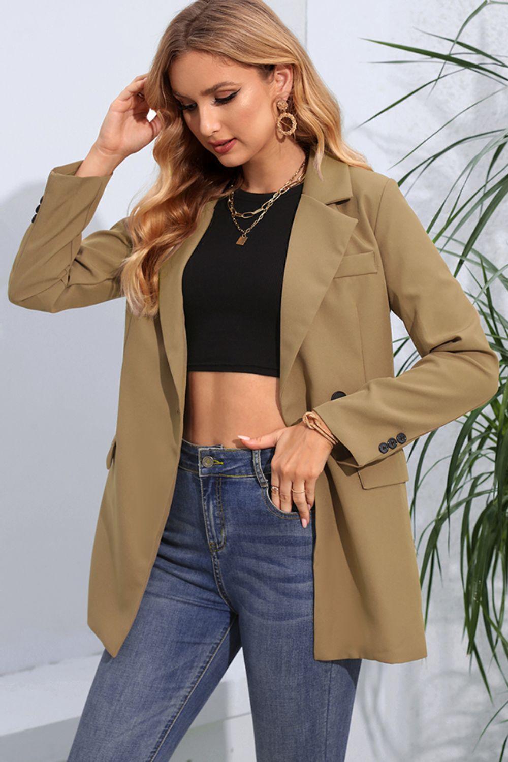 Lapel Neck Long Sleeve Blazer with Pockets - Bona Fide Fashion