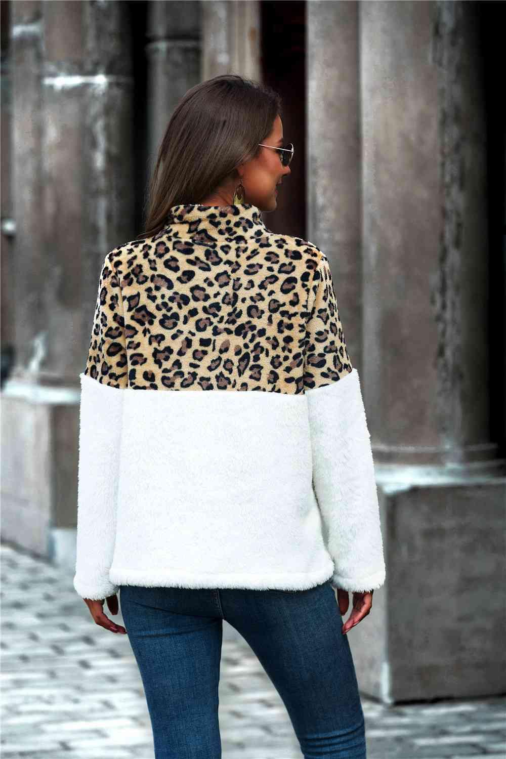 Leopard Color Block Half-Zip Collar Teddy Sweatshirt - Bona Fide Fashion