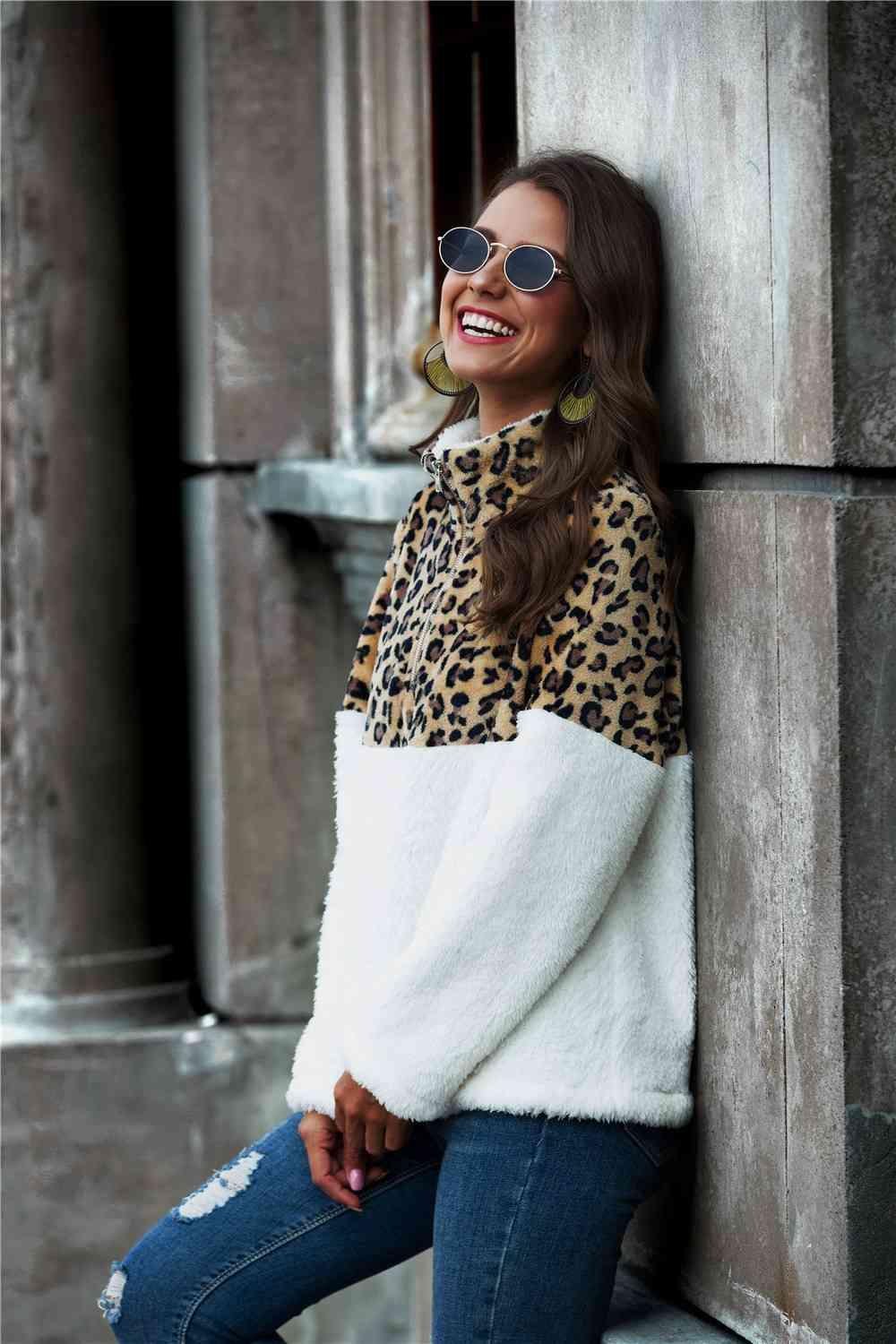 Leopard Color Block Half-Zip Collar Teddy Sweatshirt - Bona Fide Fashion