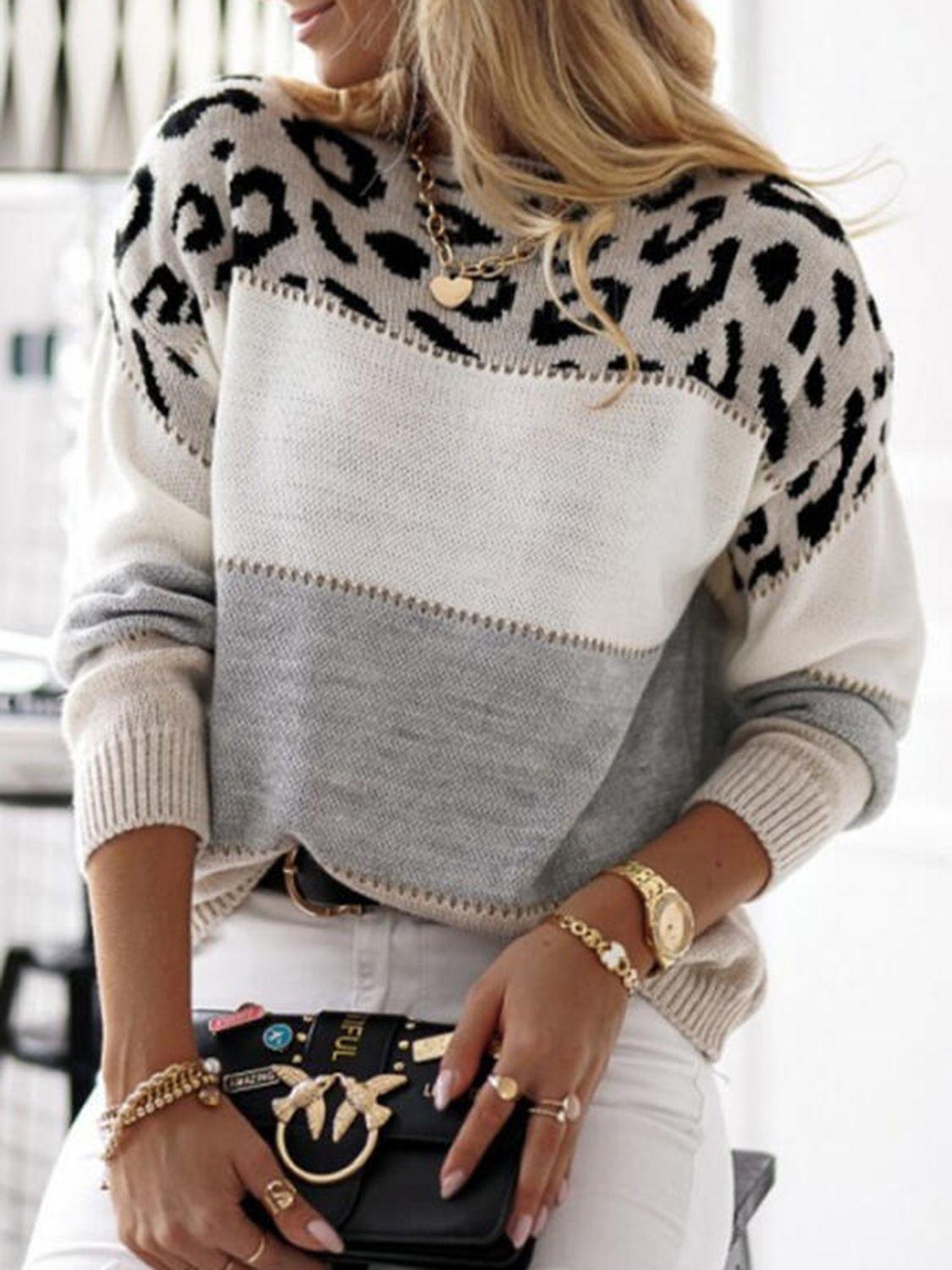 Leopard Color Block Round Neck Long Sleeve Sweater - Bona Fide Fashion