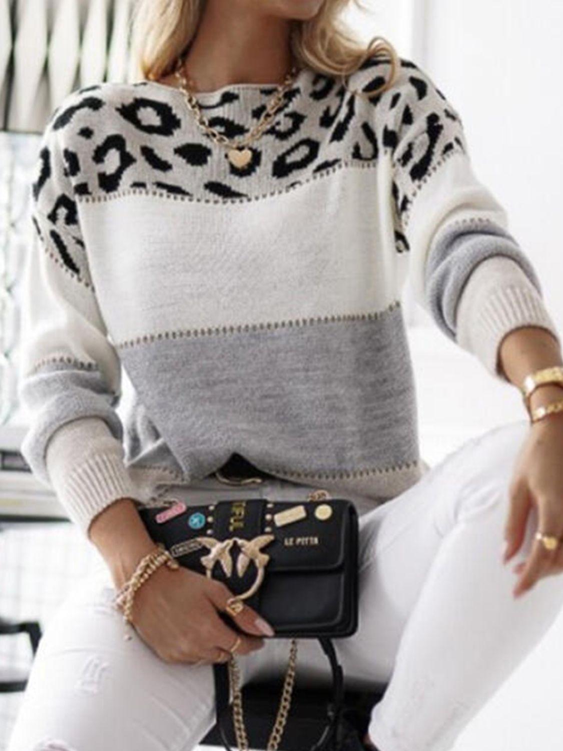 Leopard Color Block Round Neck Long Sleeve Sweater - Bona Fide Fashion