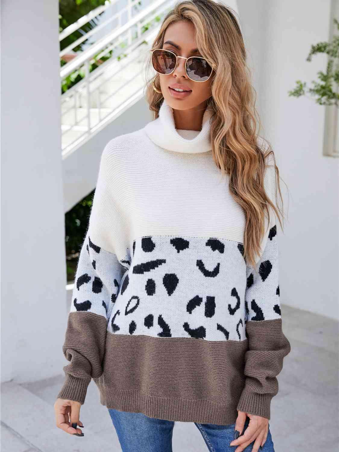 Leopard Color Block Turtleneck Sweater - Bona Fide Fashion