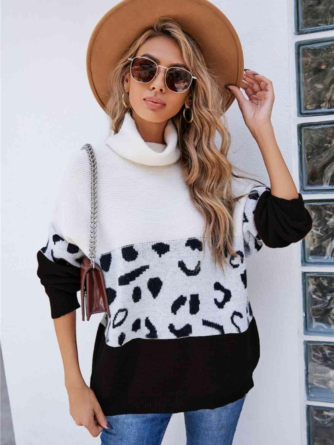 Leopard Color Block Turtleneck Sweater - Bona Fide Fashion