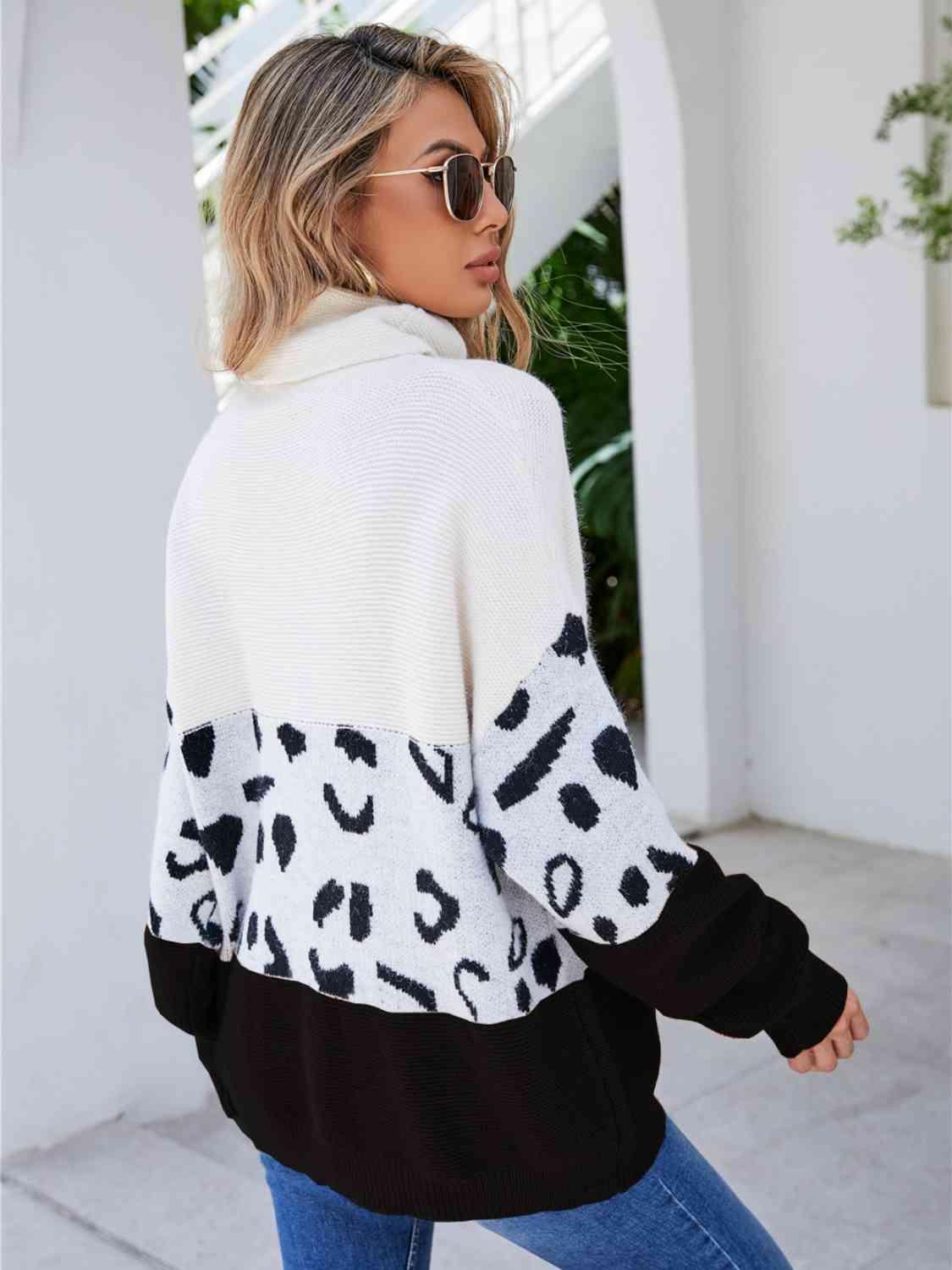 Leopard Color Block Turtleneck Sweater - Bona Fide Fashion