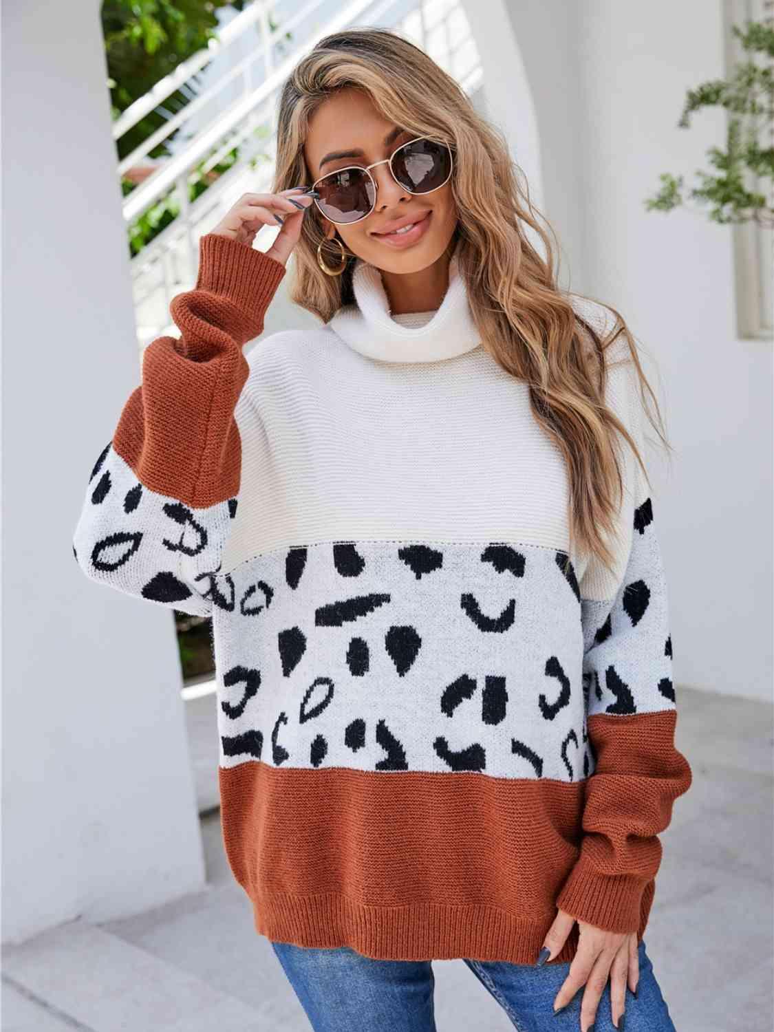 Leopard Color Block Turtleneck Sweater - Bona Fide Fashion