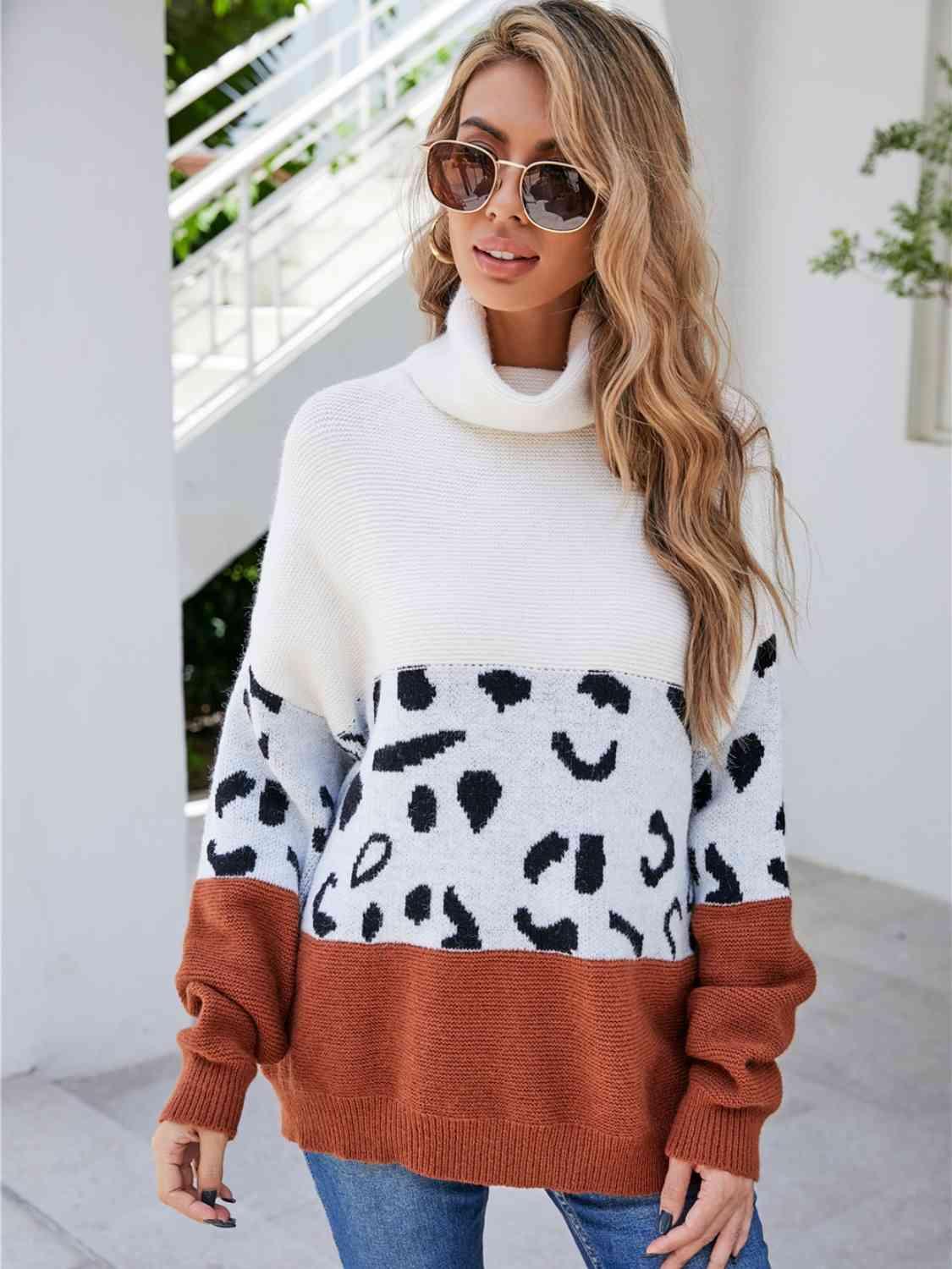 Leopard Color Block Turtleneck Sweater - Bona Fide Fashion