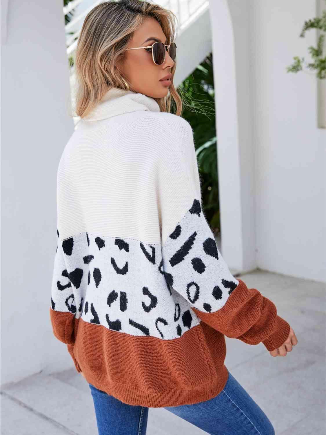 Leopard Color Block Turtleneck Sweater - Bona Fide Fashion