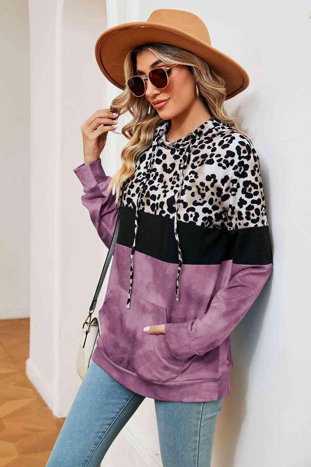 Leopard Drawstring Hoodie with Pocket - Bona Fide Fashion