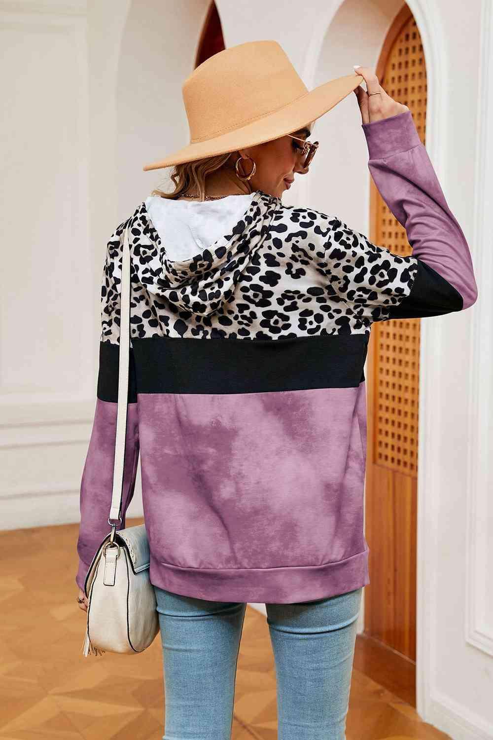 Leopard Drawstring Hoodie with Pocket - Bona Fide Fashion
