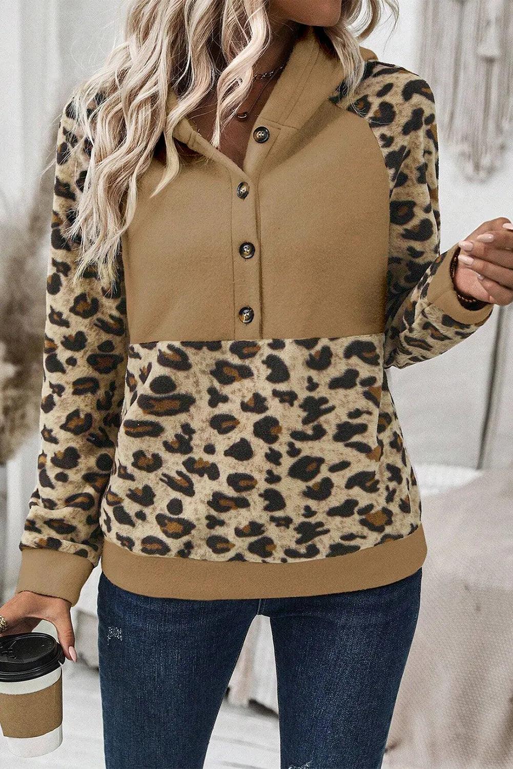 Leopard Half Button Long Sleeve Hoodie - Bona Fide Fashion