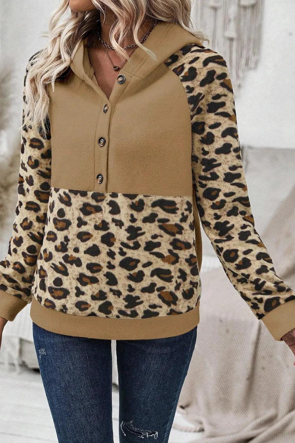 Leopard Half Button Long Sleeve Hoodie - Bona Fide Fashion