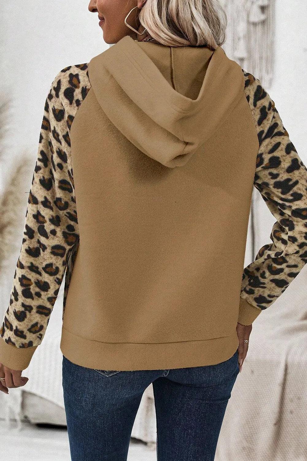 Leopard Half Button Long Sleeve Hoodie - Bona Fide Fashion