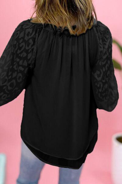 Leopard Tie Neck Balloon Sleeve Blouse - Bona Fide Fashion