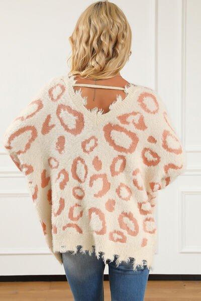 Leopard V-Neck Dropped Shoulder Sweater - Bona Fide Fashion