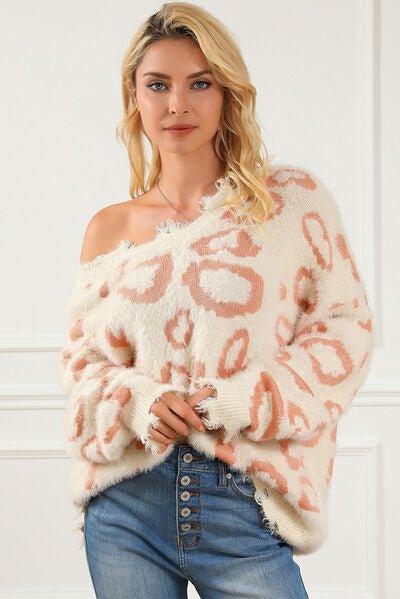 Leopard V-Neck Dropped Shoulder Sweater - Bona Fide Fashion
