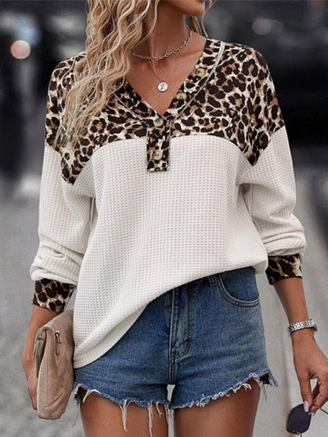 Leopard V-Neck Long Sleeve T-Shirt - Bona Fide Fashion