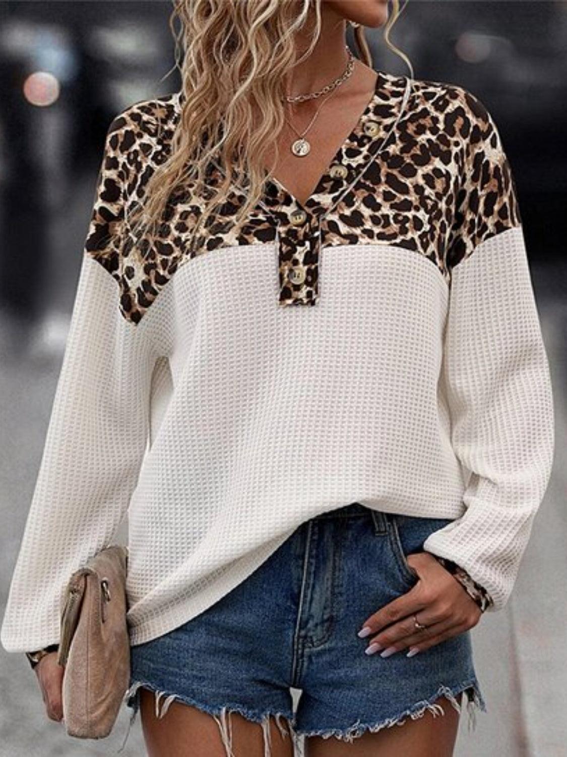 Leopard V-Neck Long Sleeve T-Shirt - Bona Fide Fashion