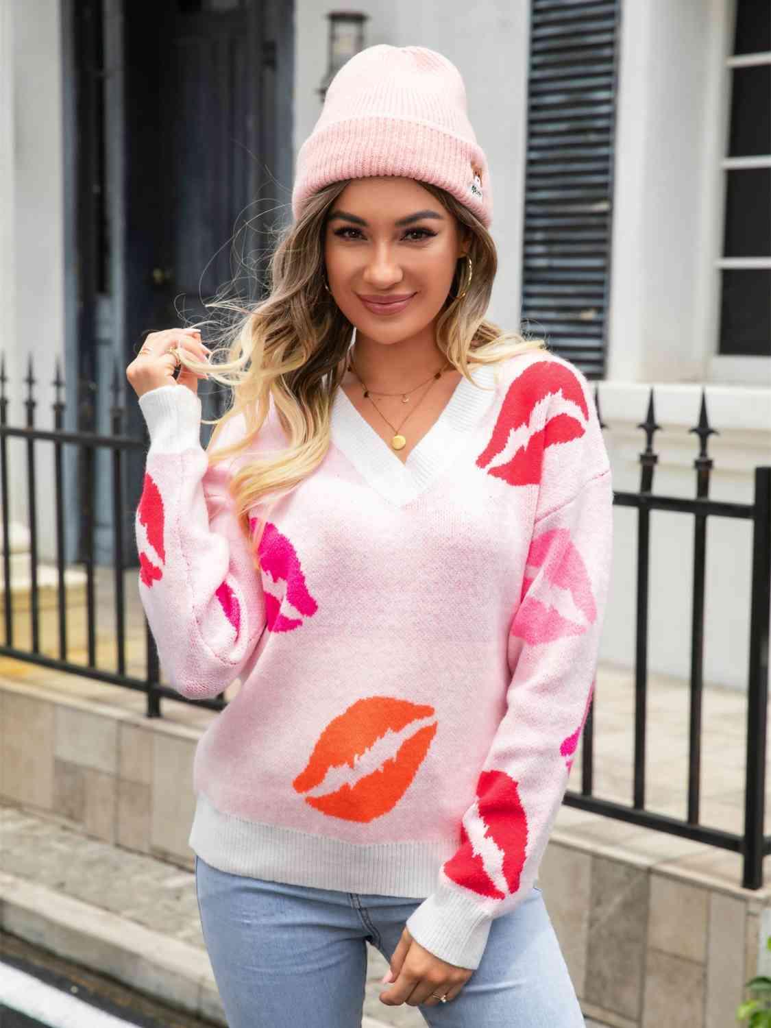 Lip V-Neck Drop Shoulder Sweater - Bona Fide Fashion