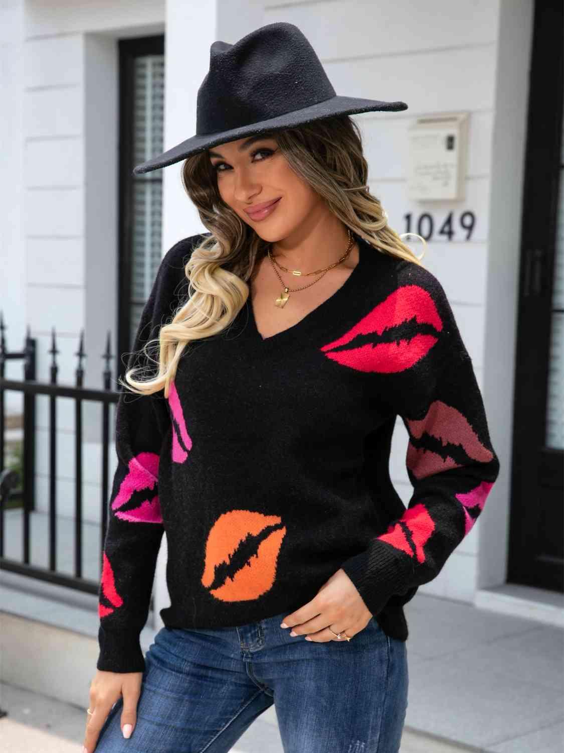 Lip V-Neck Drop Shoulder Sweater - Bona Fide Fashion