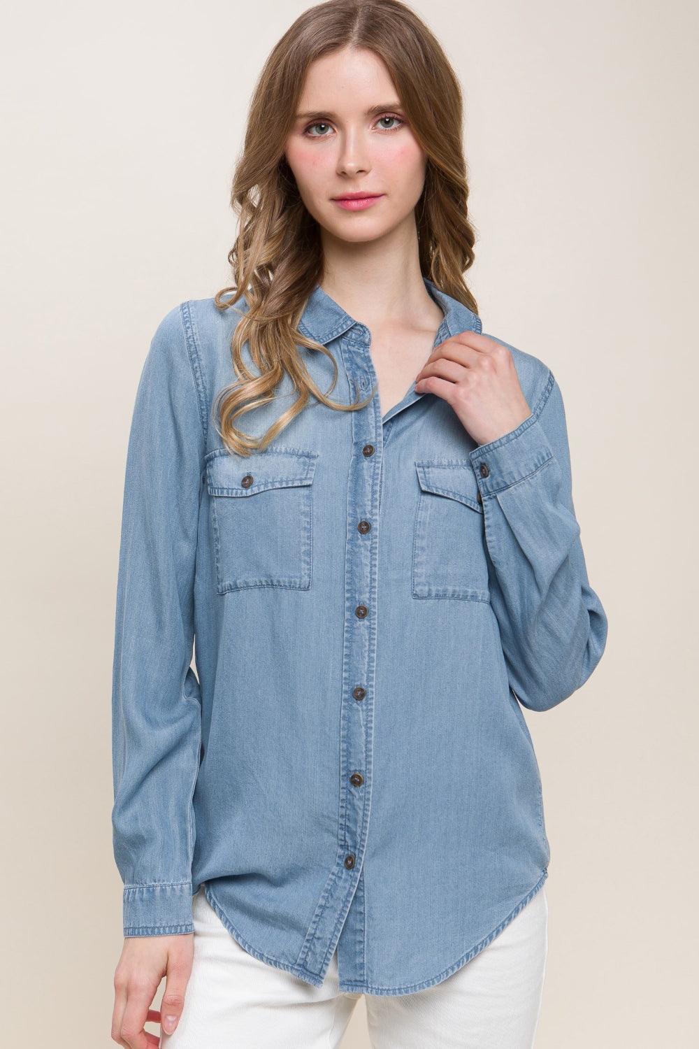 Love Tree Scooped Hem Button Up Denim Shirt - Bona Fide Fashion