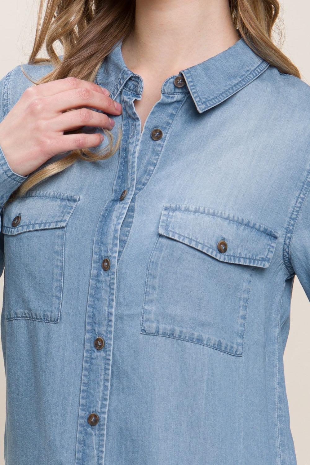 Love Tree Scooped Hem Button Up Denim Shirt - Bona Fide Fashion