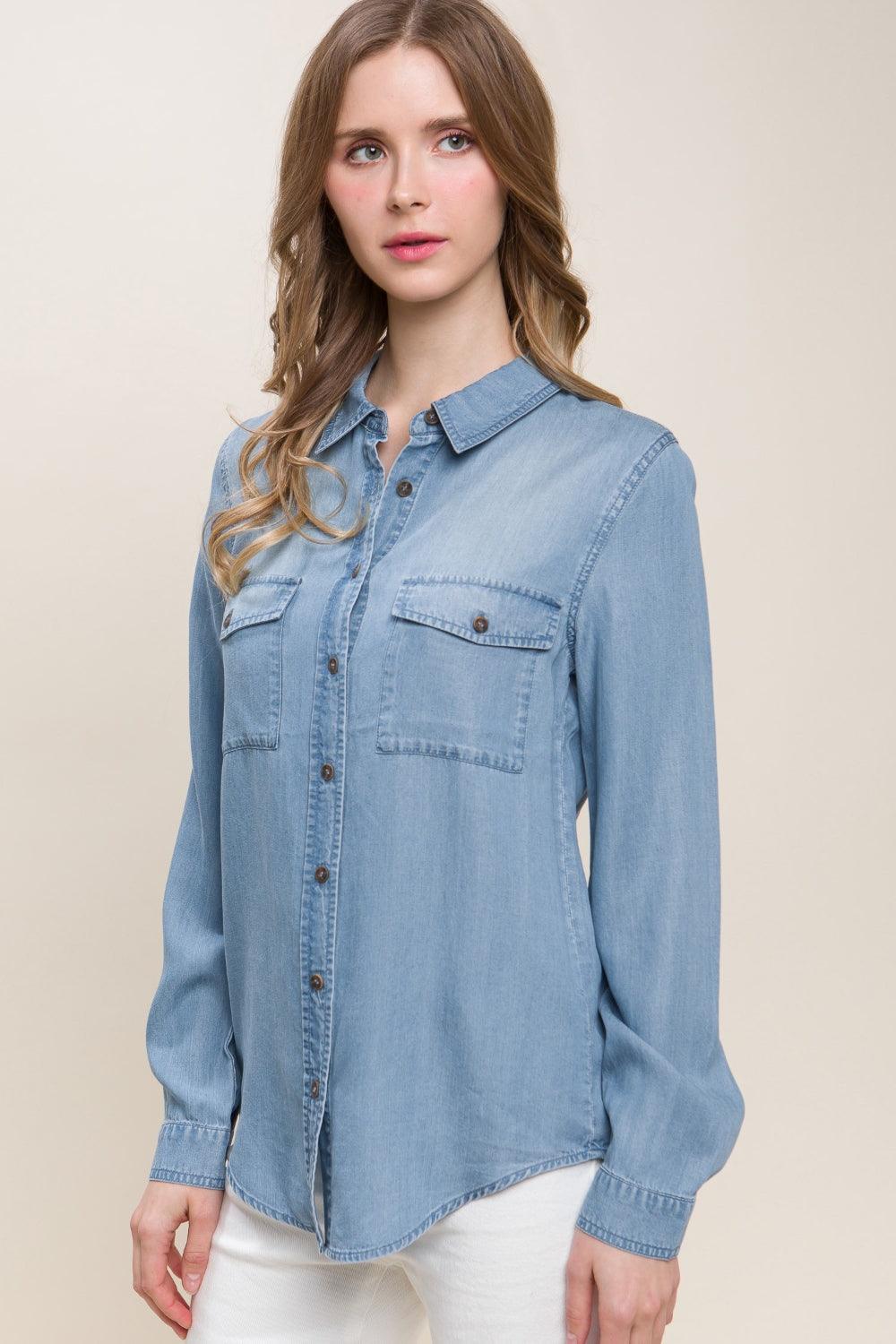 Love Tree Scooped Hem Button Up Denim Shirt - Bona Fide Fashion