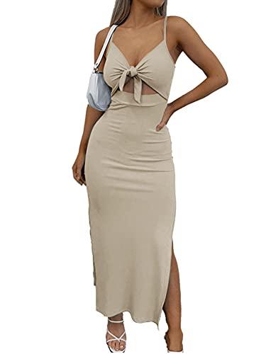 LYANER Women's Tie Knot Cut Out Side Split Hem Sleeveless Knit Bodycon Maxi Dress Beige Medium - Bona Fide Fashion