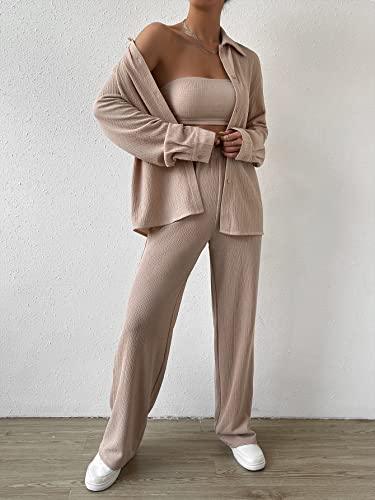 MakeMeChic Women's Casual 3 Piece Outfits Long Sleeve Button Down Shirt Bandeau Tube Top and Pants Set Khaki M - Bona Fide Fashion
