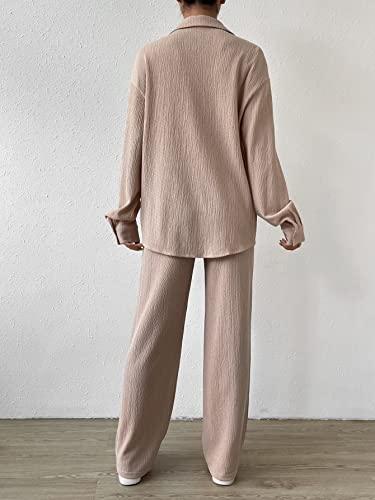 MakeMeChic Women's Casual 3 Piece Outfits Long Sleeve Button Down Shirt Bandeau Tube Top and Pants Set Khaki M - Bona Fide Fashion