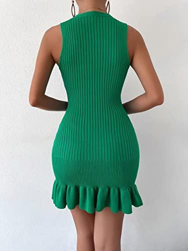 MakeMeChic Women's Sleeveless Ruffle Hem Ribbed Knit Mini Bodycon Sweater Dress Green M - Bona Fide Fashion