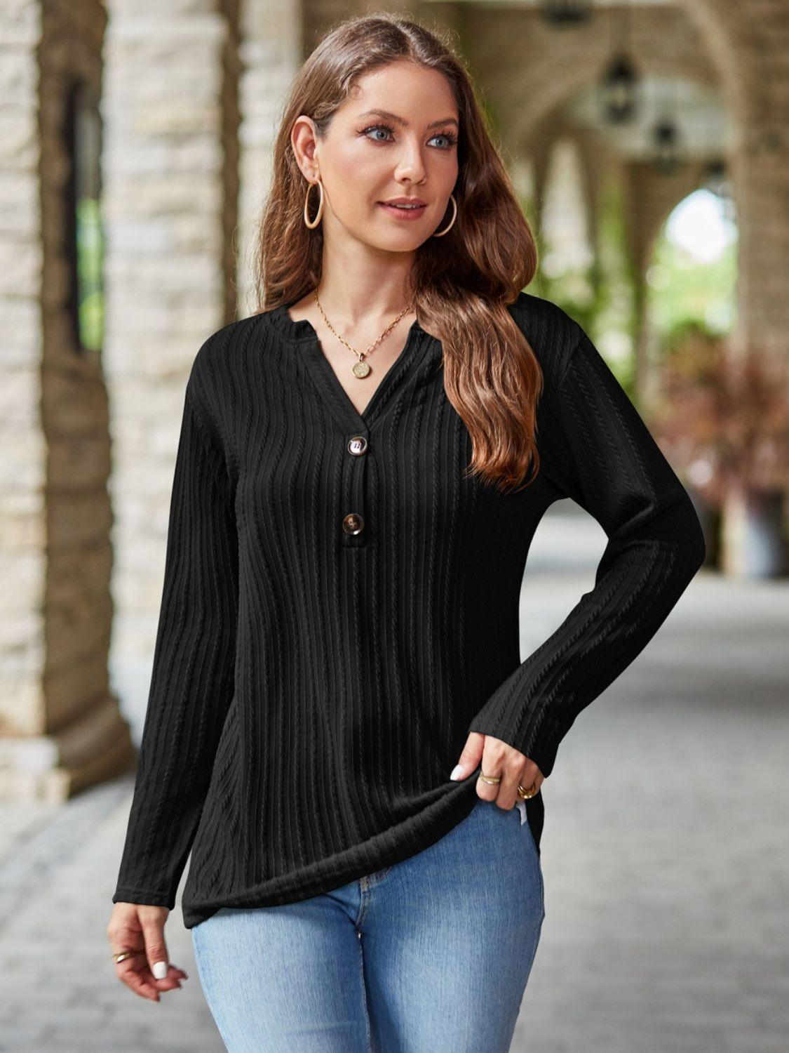 Mandy Notched Long Sleeve T-Shirt - Bona Fide Fashion